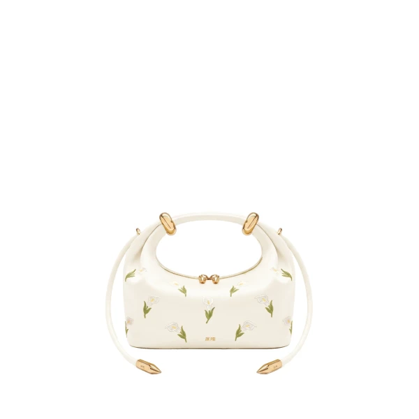 JW PEI Ellie Satin Finish Embroidered Metal Ring Embellished Top Handle Bag in White