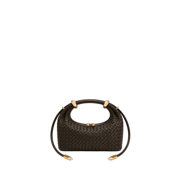 JW PEI Ellie Woven Metal Ring Embellished Top Handle Bag in Dark Brown