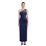 JW PEI Embellished One-Shoulder Draped Satin Maxi Dress
