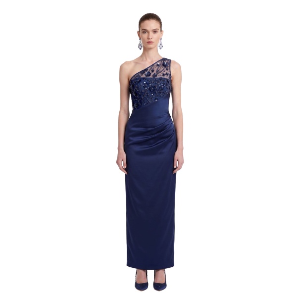 JW PEI Embellished One-Shoulder Draped Satin Maxi Dress