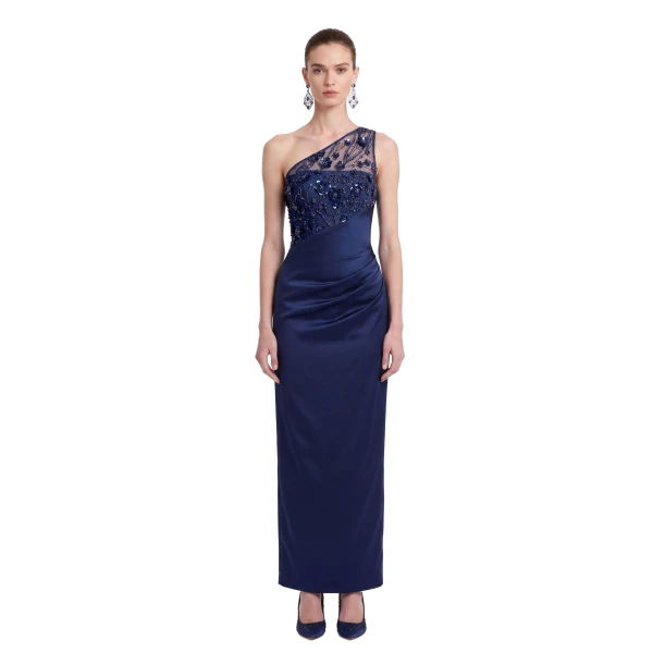 JW PEI Embellished One-Shoulder Draped Satin Maxi Dress