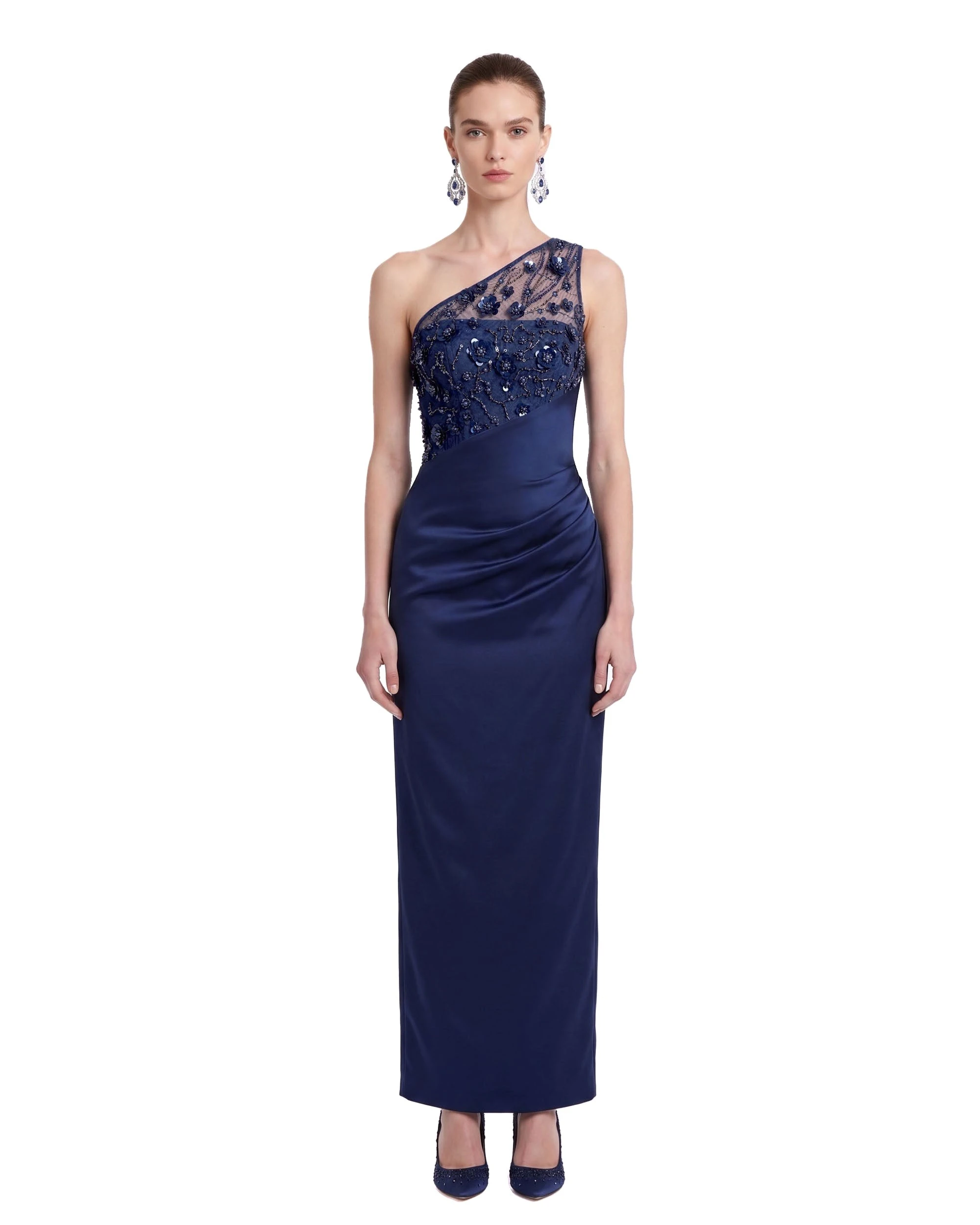JW PEI maxi dress | Los Angeles Vegan Fashion Dresses | Luxury Shoes JW PEI Embellished One-Shoulder Draped Satin Maxi Dress