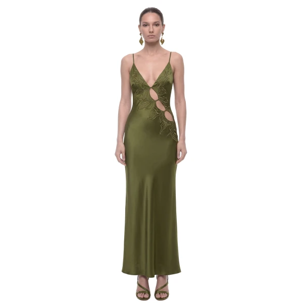 JW PEI Embroidered Floral Cutout Strappy Satin Maxi Dress