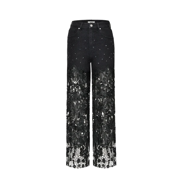 JW PEI Embroidery High Rise Wide Leg Lace Denim Jeans With Rhinestone