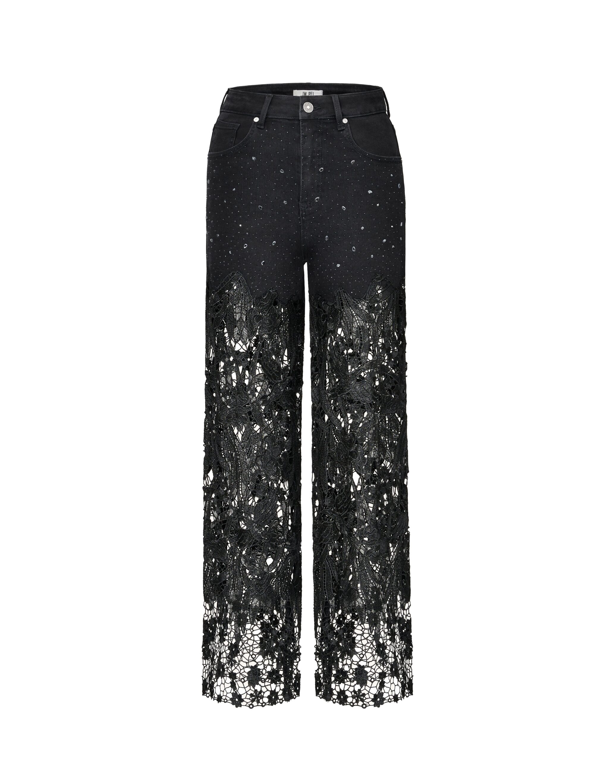 JW PEI jeans | Los Angeles Vegan Fashion Pants | Luxury Shoes JW PEI Embroidery High Rise Wide Leg Lace Denim Jeans With Rhinestone
