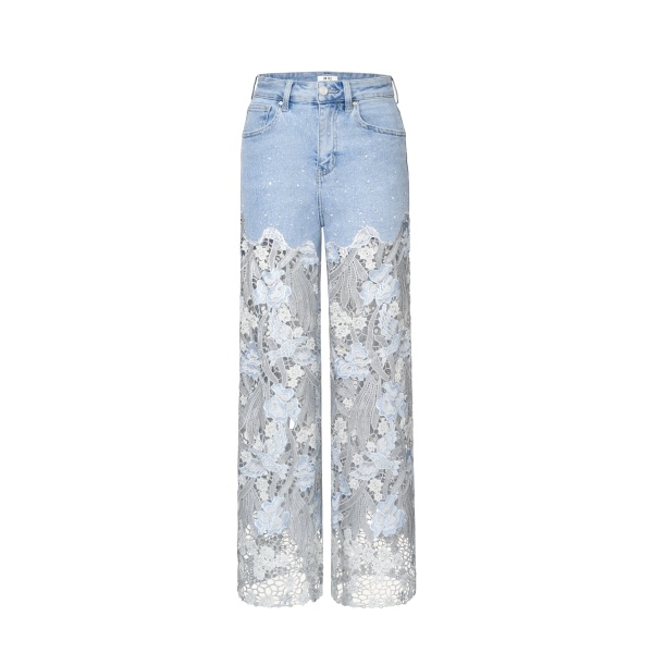 JW PEI Embroidery High Rise Wide Leg Lace Denim Jeans With Rhinestone
