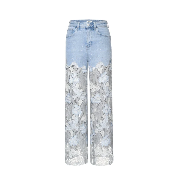 JW PEI Embroidery High Rise Wide Leg Lace Denim Jeans With Rhinestone