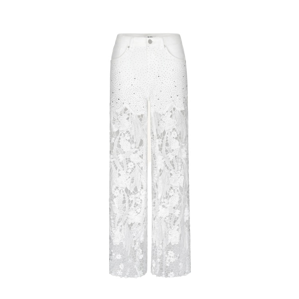 JW PEI Embroidery High Rise Wide Leg Lace Denim Jeans With Rhinestone