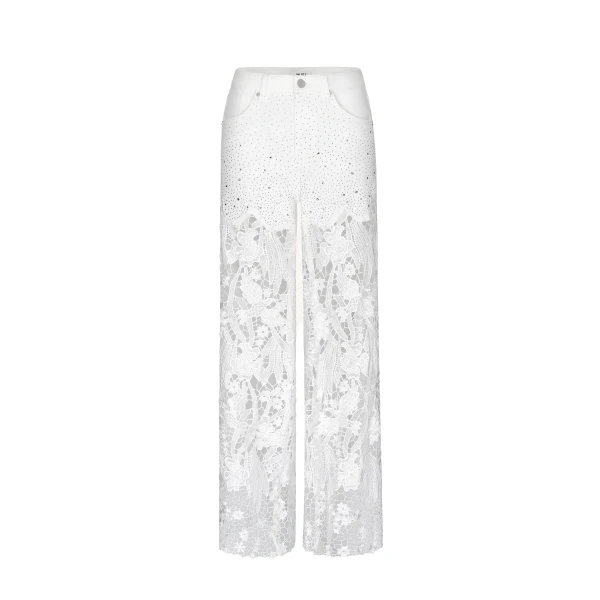JW PEI Embroidery High Rise Wide Leg Lace Denim Jeans With Rhinestone