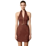 JW PEI Faux Suede Halter Neck Zip-Front Mini Dress