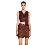 JW PEI Faux Suede V-Neck Fringe Top