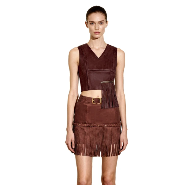 JW PEI Faux Suede V-Neck Fringe Top