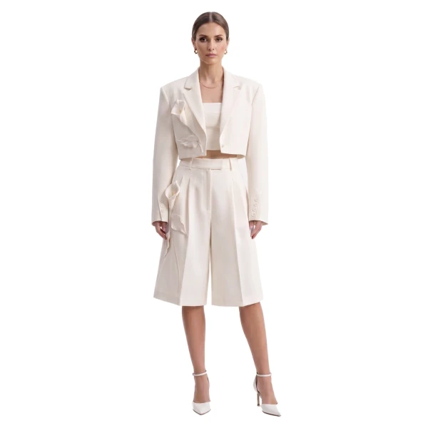 Floral Appliqué Cropped Blazer in White