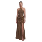 JW PEI Floral Appliqué Halter Slit Satin Maxi Dress