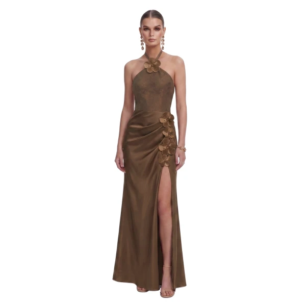 JW PEI Floral Appliqué Halter Slit Satin Maxi Dress