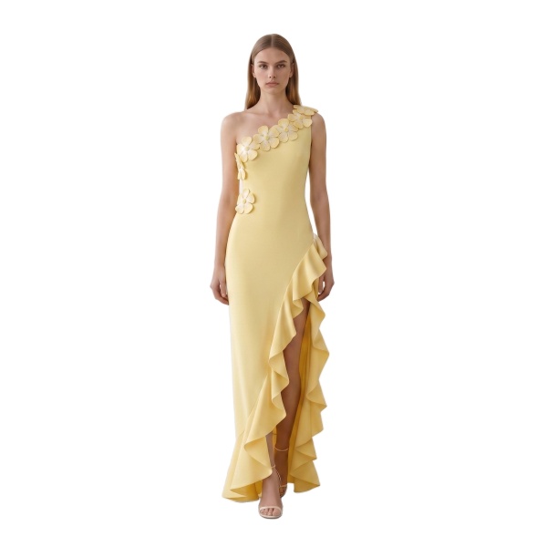 JW PEI Floral Appliqué One Shoulder Ruffle Slit Dress