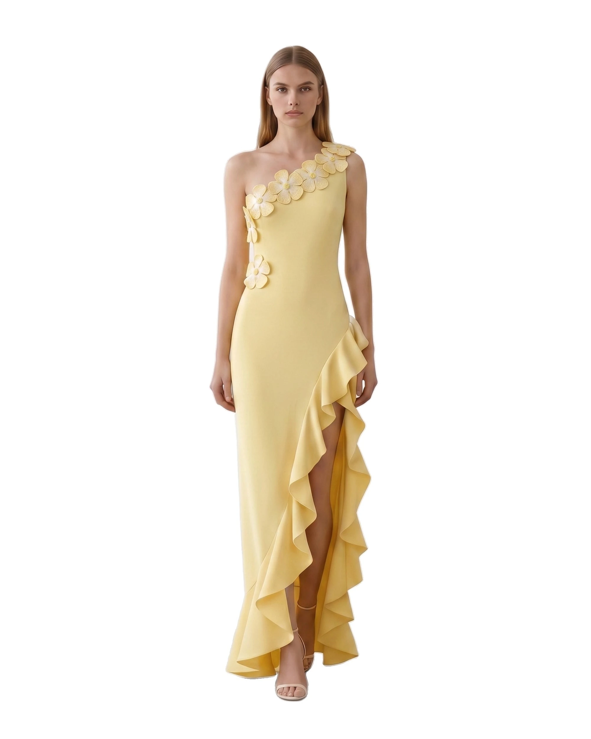 JW PEI dress | Los Angeles Vegan Fashion Dresses | Luxury Shoes JW PEI Floral Appliqué One Shoulder Ruffle Slit Dress