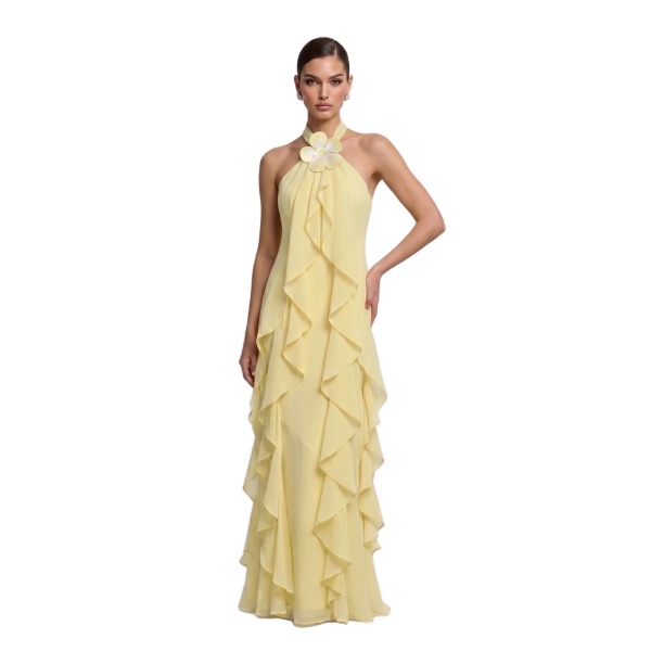 JW PEI Floral Appliqué Ruffle Halter Chiffon Maxi Dress