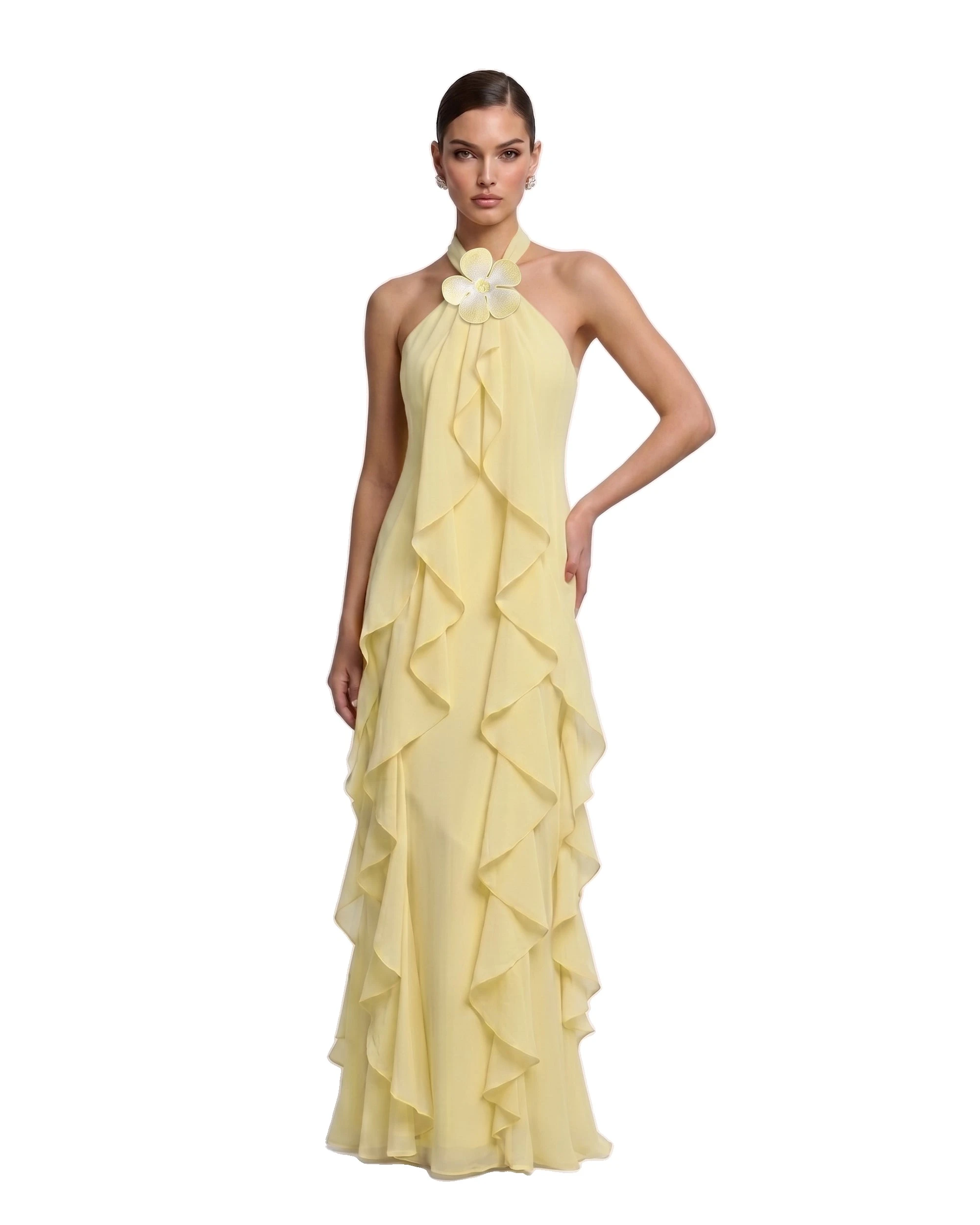 JW PEI maxi dress | Los Angeles Vegan Fashion Dresses | Luxury Shoes JW PEI Floral Appliqué Ruffle Halter Chiffon Maxi Dress
