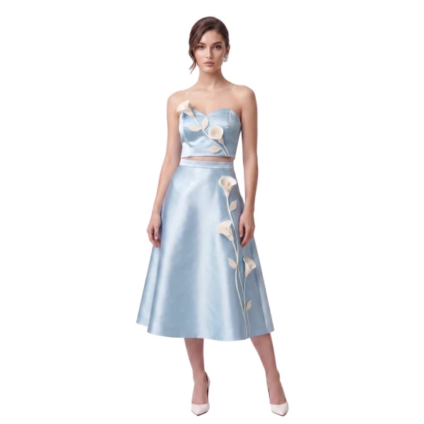 Floral Appliqué Satin Midi Skirt in Light Blue