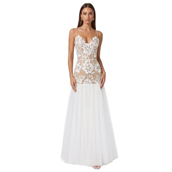 JW PEI Floral Appliqué Sheer Tulle Maxi Dress