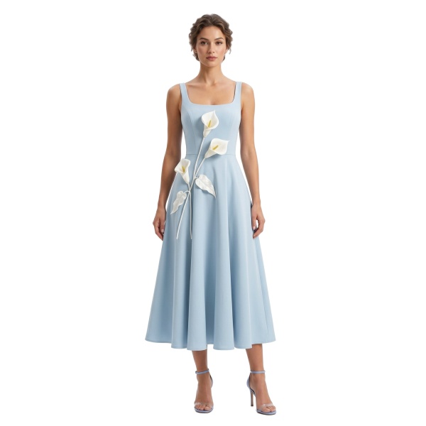 JW PEI Floral Appliqué Square Neck Midi Dress