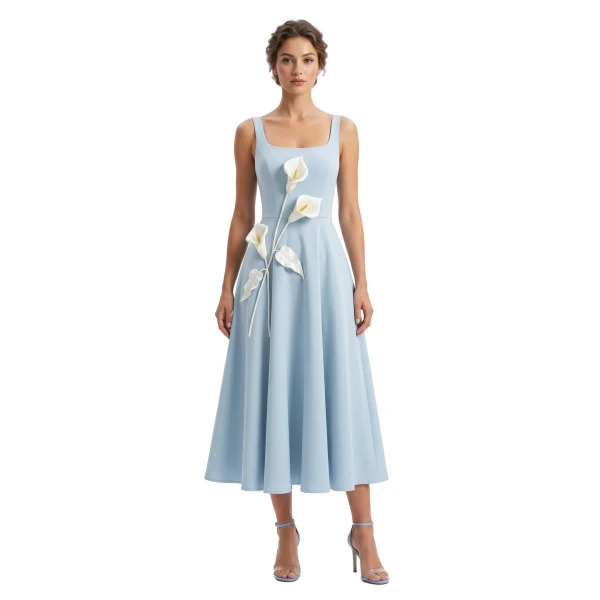 JW PEI Floral Appliqué Square Neck Midi Dress