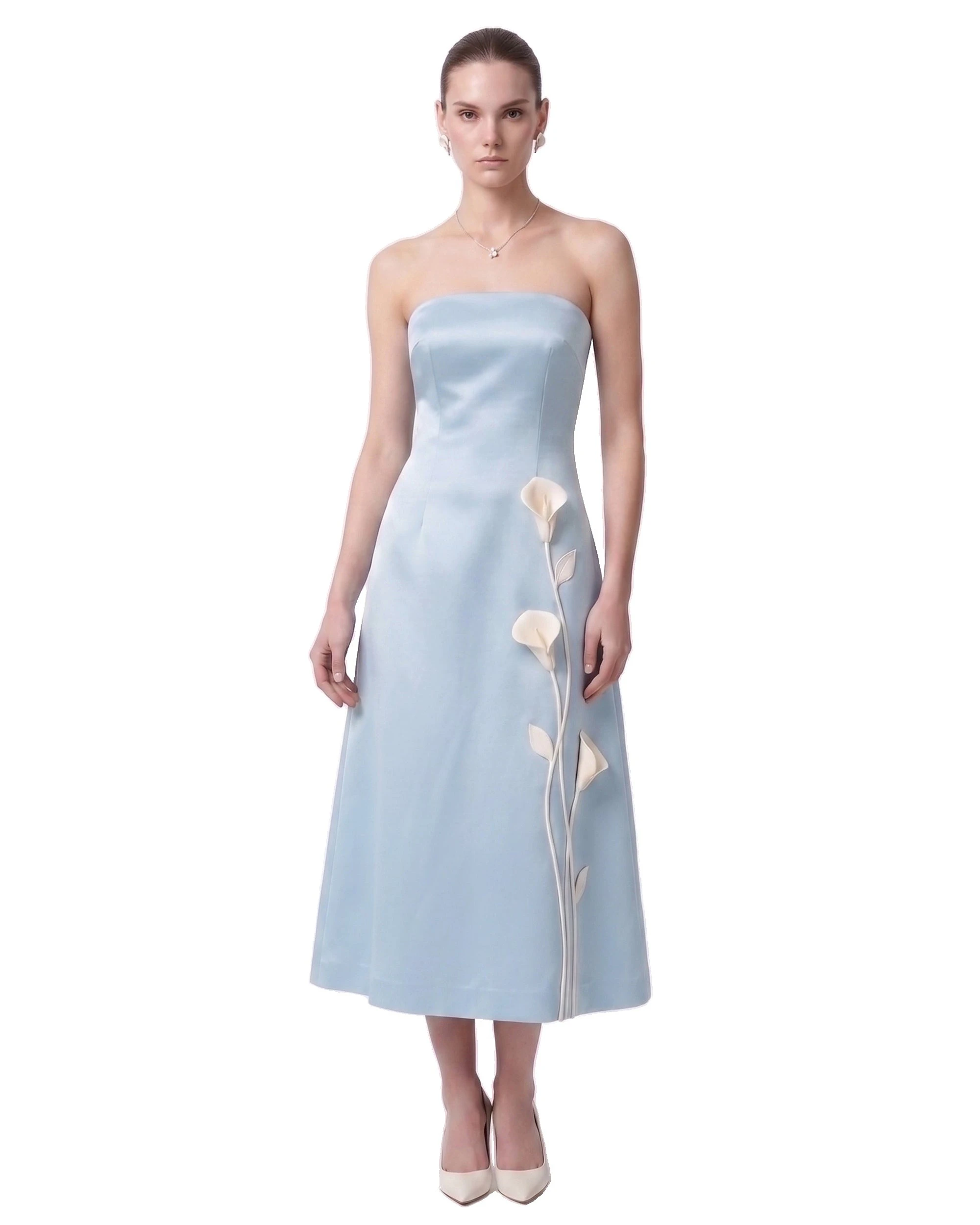 JW PEI midi dress | Los Angeles Vegan Fashion Dresses | Luxury Shoes JW PEI Floral Appliqué Strapless Midi Dress