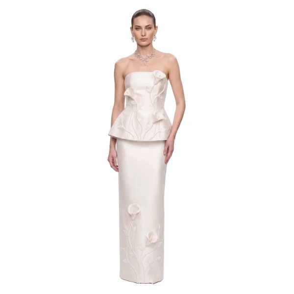 Floral Appliqué Vine Maxi Skirt in White