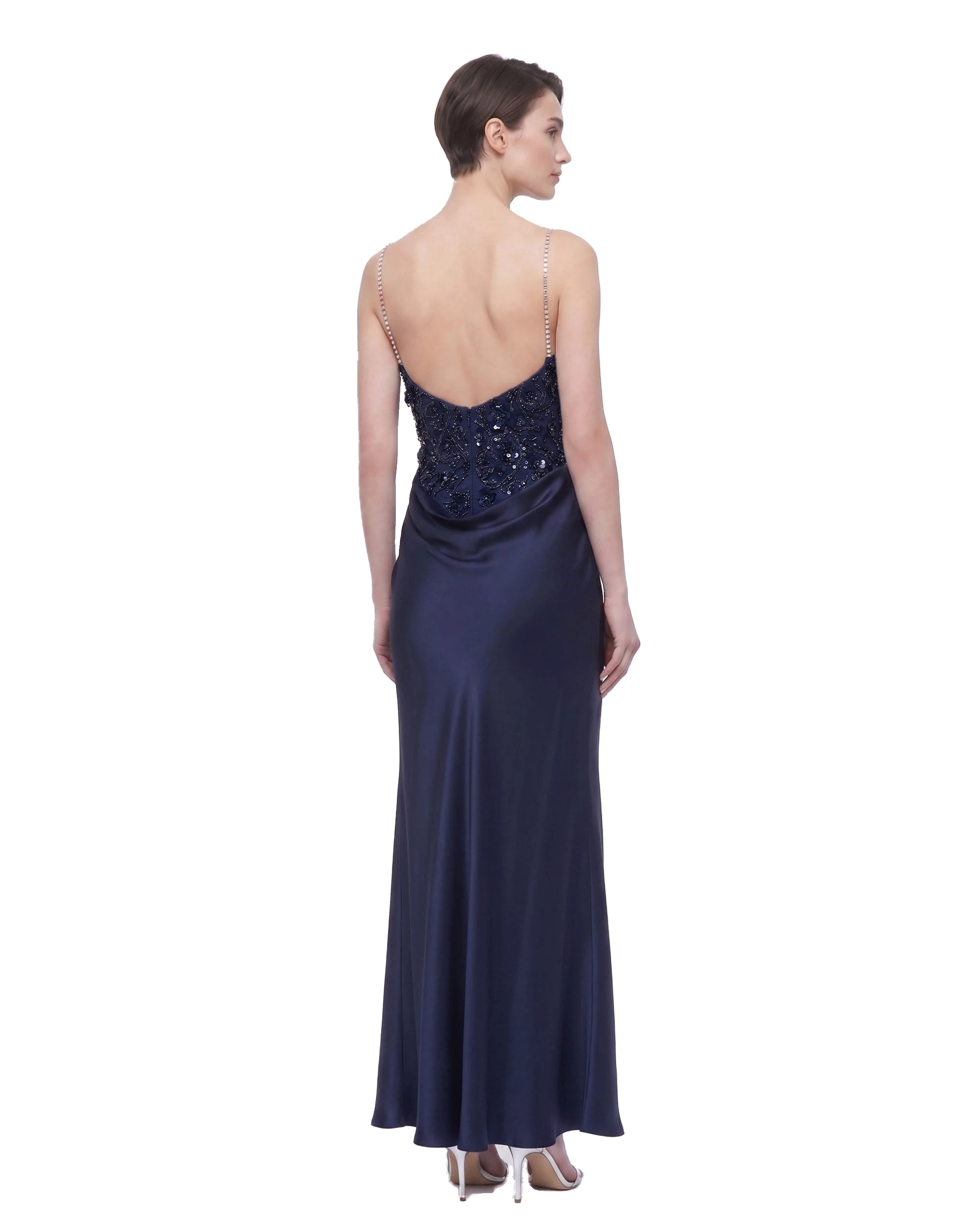 JW PEI maxi dress | Los Angeles Vegan Fashion Dresses | Luxury Shoes JW PEI Floral Embellished Cowl-Neck Open-Back Satin Maxi Dress