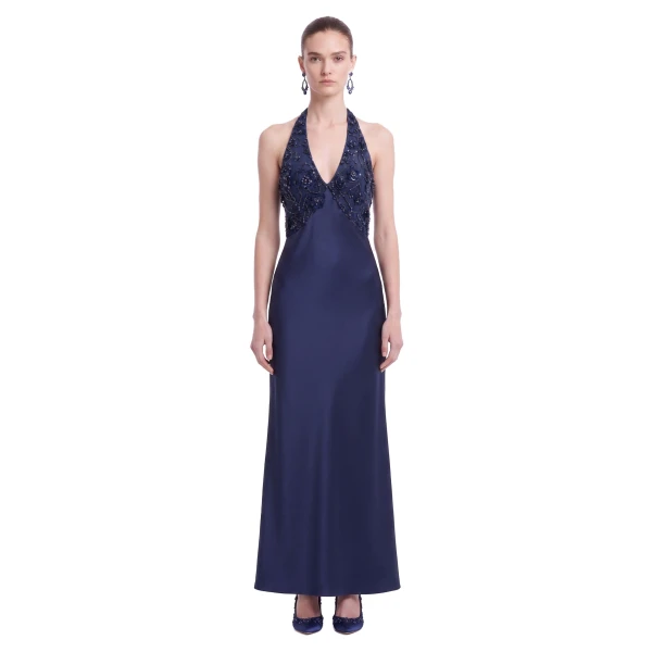 JW PEI Floral Embellished Halter Satin Maxi Dress