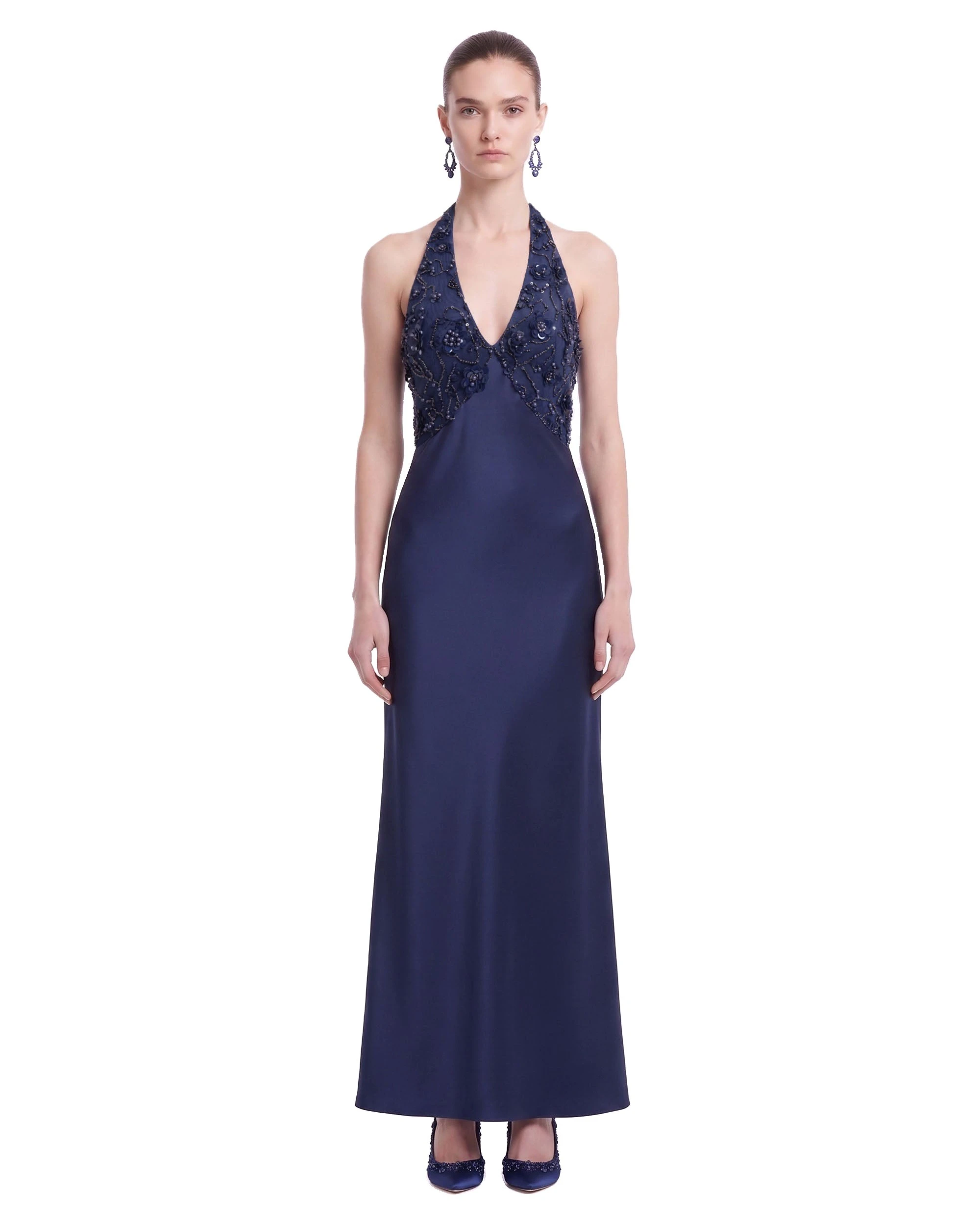 JW PEI maxi dress | Los Angeles Vegan Fashion Dresses | Luxury Shoes JW PEI Floral Embellished Halter Satin Maxi Dress