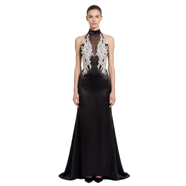 JW PEI Floral Embellished Halter Sheer Satin Maxi Dress