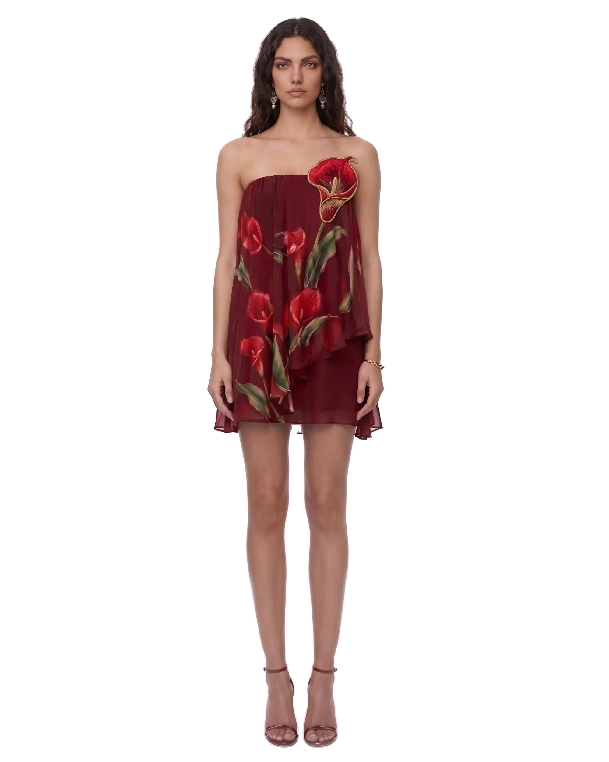 JW PEI mini dress | Los Angeles Vegan Fashion Dresses | Luxury Shoes JW PEI Floral Embellished Strapless Layered Mini Dress