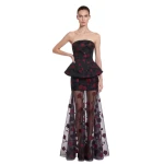 JW PEI Floral Embellished Strapless Sheer-Hem Maxi Dress