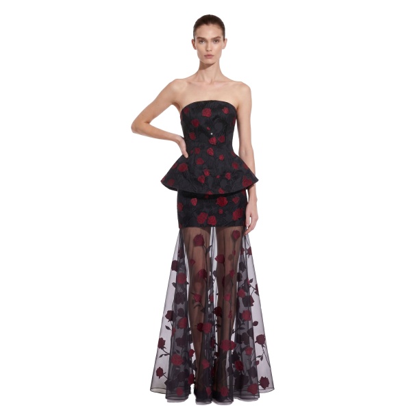JW PEI Floral Embellished Strapless Sheer-Hem Maxi Dress