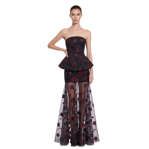 JW PEI Floral Embellished Strapless Sheer-Hem Maxi Dress