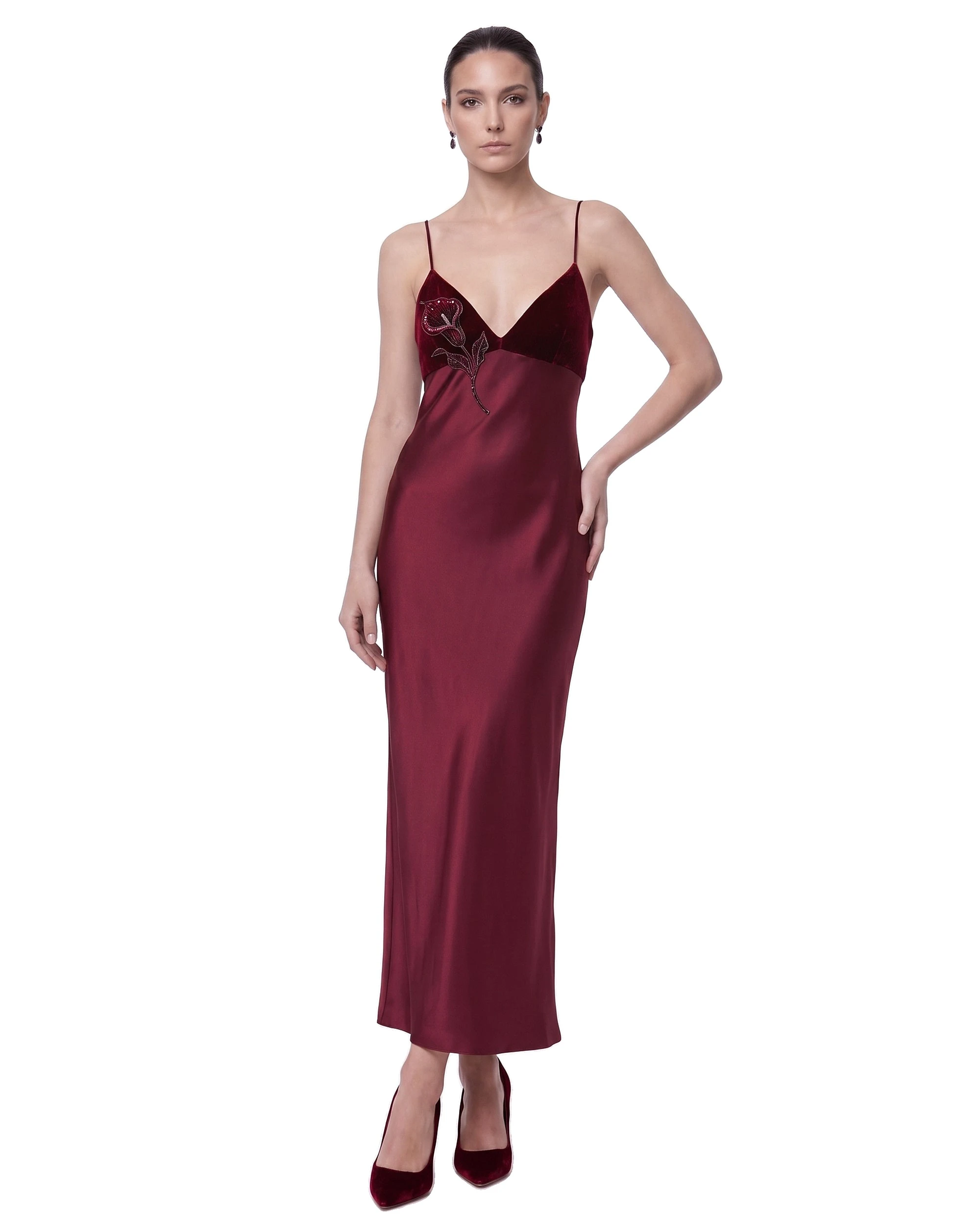JW PEI maxi dress | Los Angeles Vegan Fashion Dresses | Luxury Shoes JW PEI Floral Embellished Velvet-Trim Strappy Maxi Dress