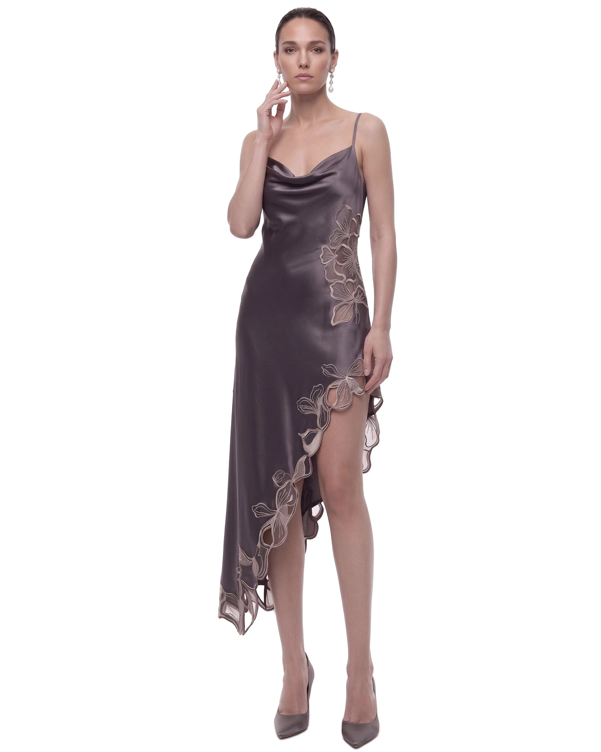 JW PEI midi dress | Los Angeles Vegan Fashion Dresses | Luxury Shoes JW PEI Floral Embroidered Cowl-Neck Asymmetric Midi Dress
