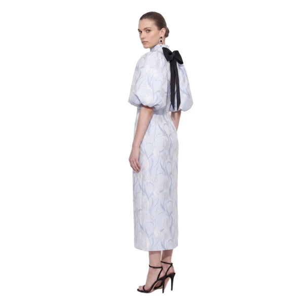 JW PEI Floral Jacquard Bow-Back Puff-Sleeve Midi Dress