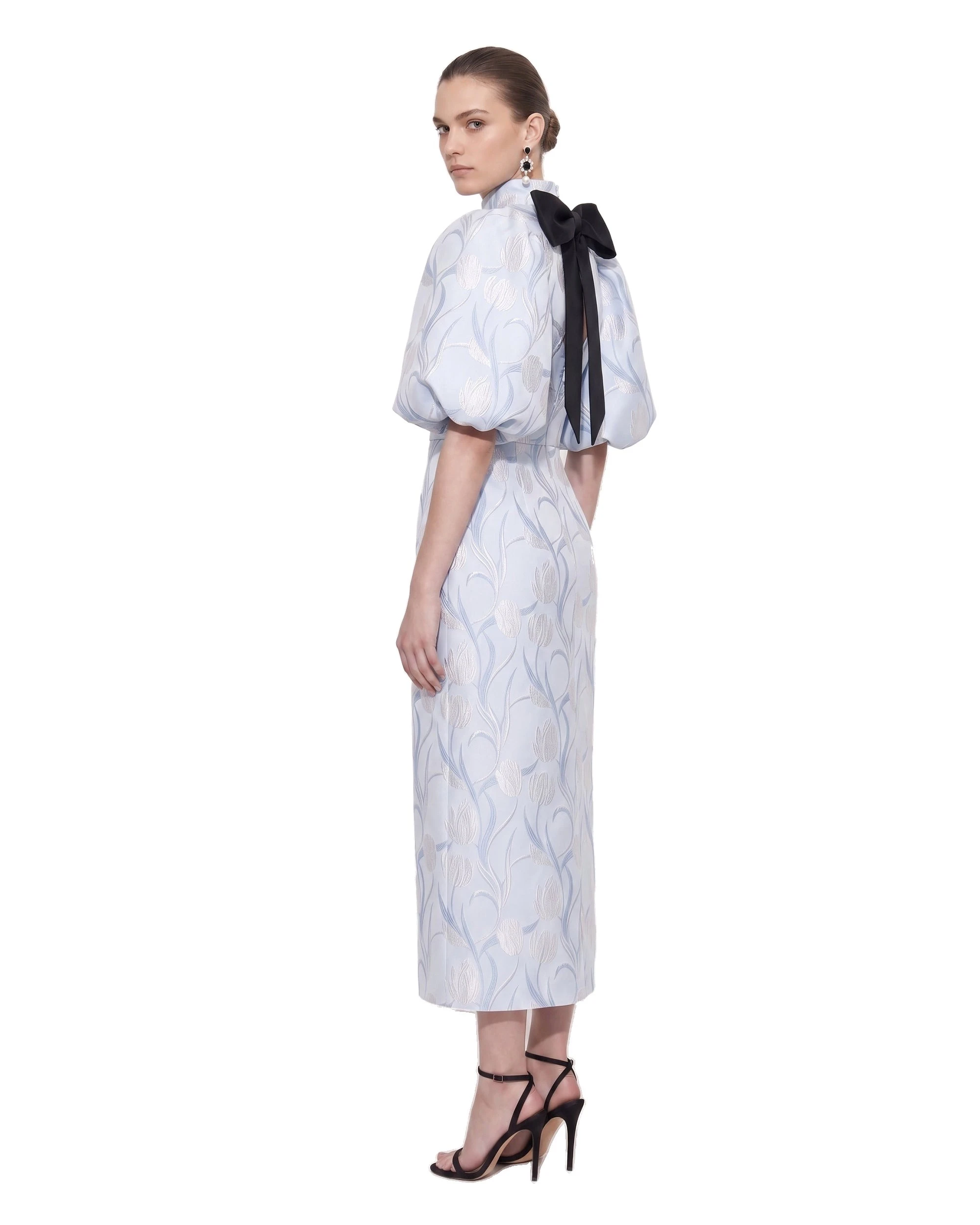 JW PEI midi dress | Los Angeles Vegan Fashion Dresses | Luxury Shoes JW PEI Floral Jacquard Bow-Back Puff-Sleeve Midi Dress