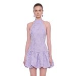JW PEI Floral Jacquard Halter Drop-Waist Bubble Mini Dress