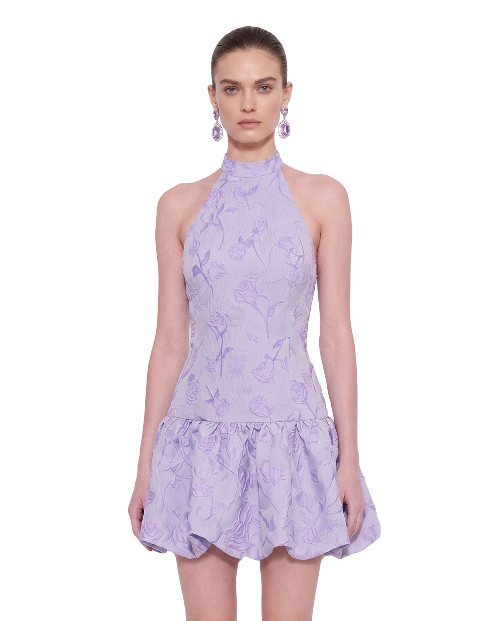 JW PEI mini dress | Los Angeles Vegan Fashion Dresses | Luxury Shoes JW PEI Floral Jacquard Halter Drop-Waist Bubble Mini Dress