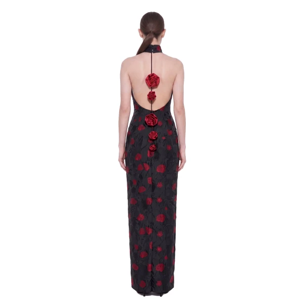 JW PEI Floral Jacquard Halter Open-Back Maxi Dress