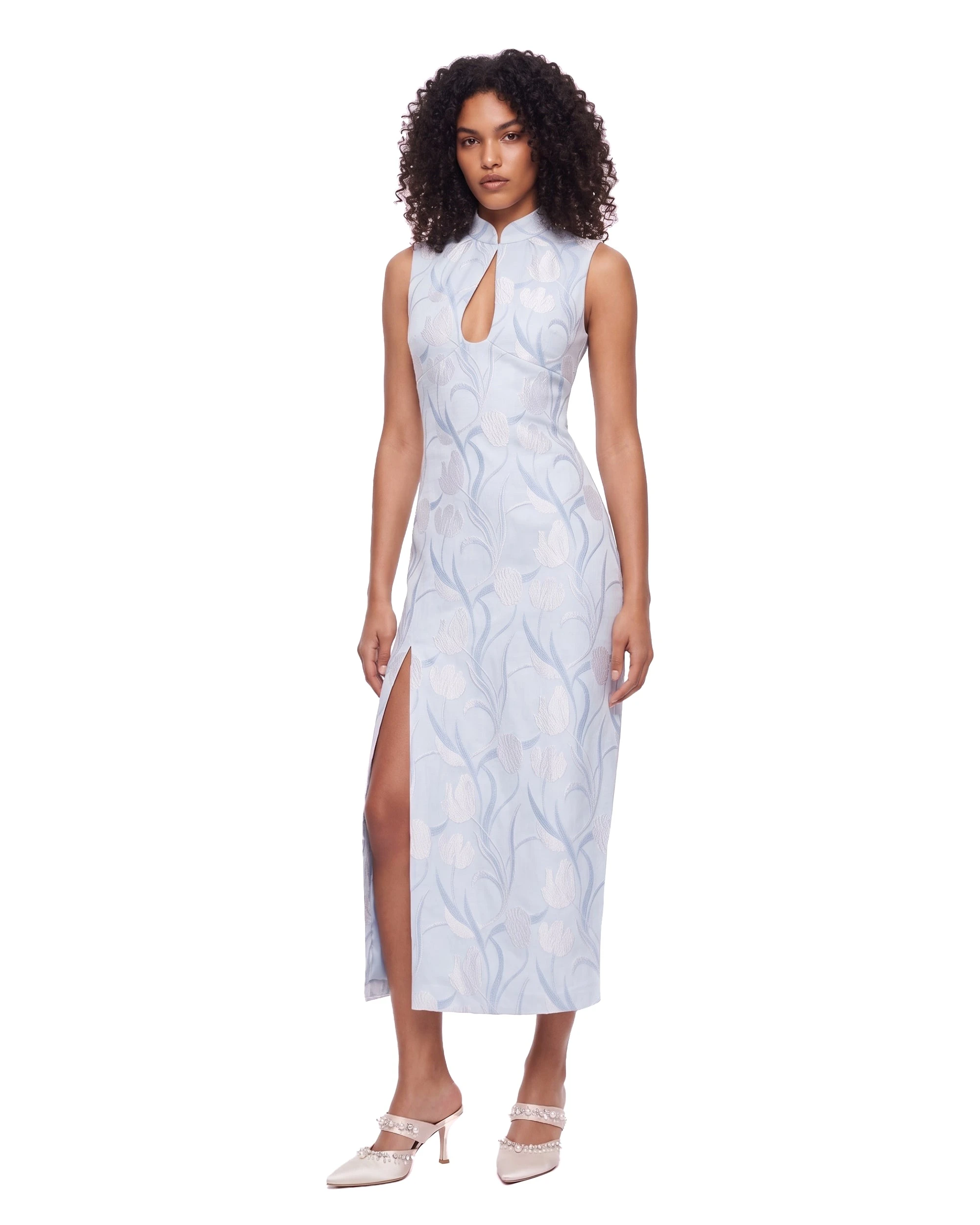JW PEI midi dress | Los Angeles Vegan Fashion Dresses | Luxury Shoes JW PEI Floral Jacquard Keyhole Slit Midi Dress