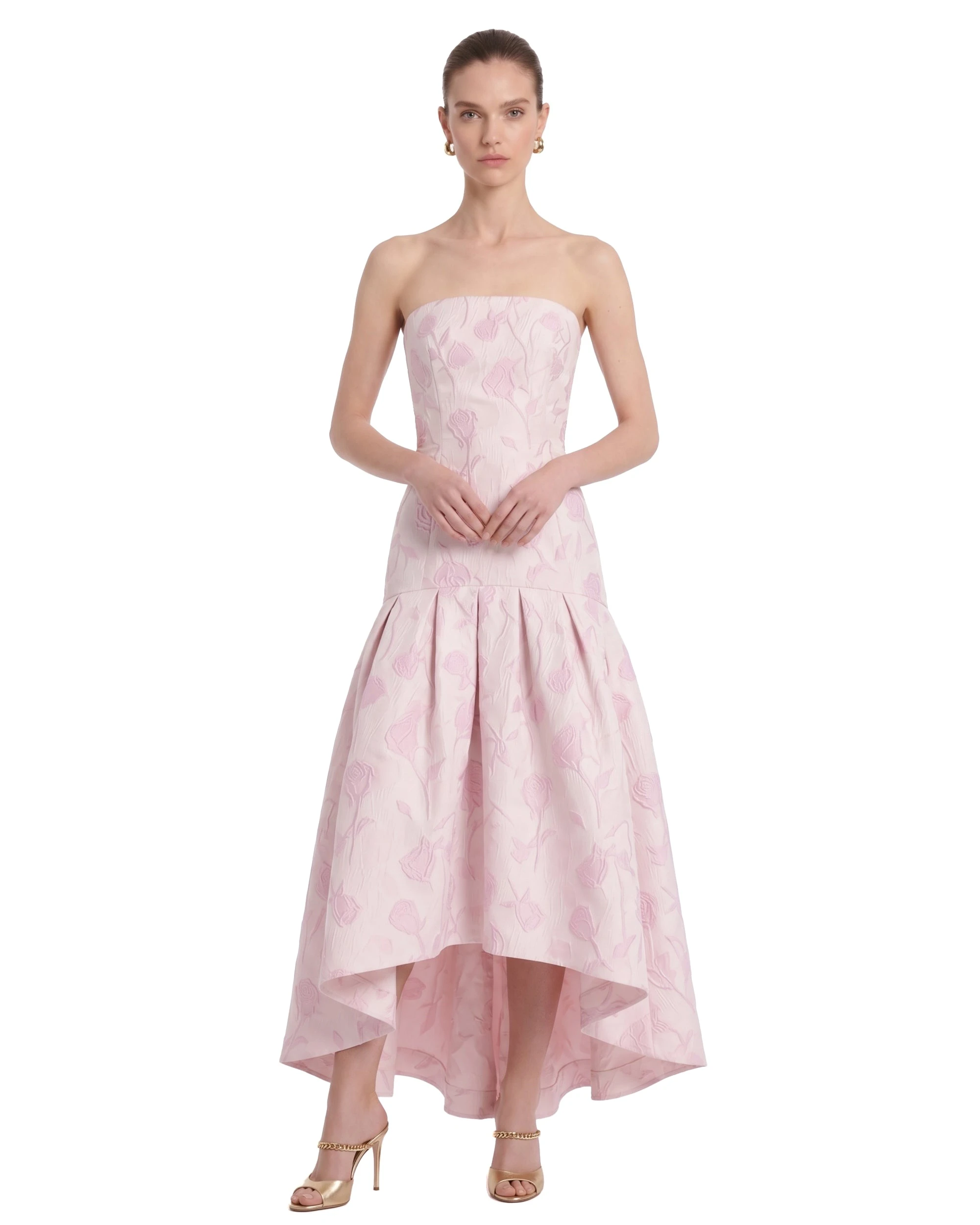 JW PEI maxi dress | Los Angeles Vegan Fashion Dresses | Luxury Shoes JW PEI Floral Jacquard Strapless High-Low Maxi Dress