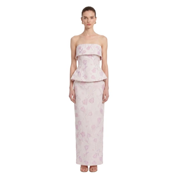 Floral Jacquard Strapless Peplum Top in Blush Pink