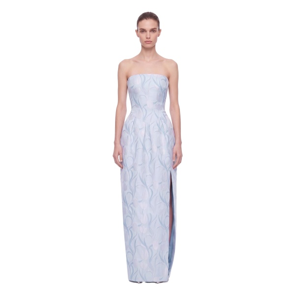 JW PEI Floral Jacquard Strapless Slit Maxi Dress