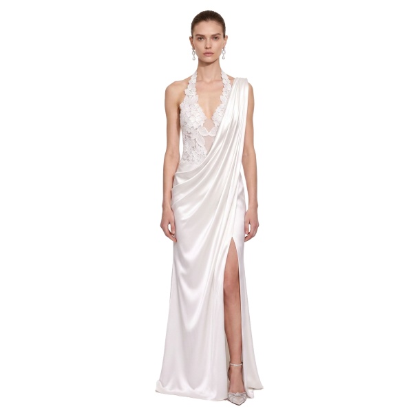JW PEI Floral Lace Draped One-Shoulder Slit Maxi Dress