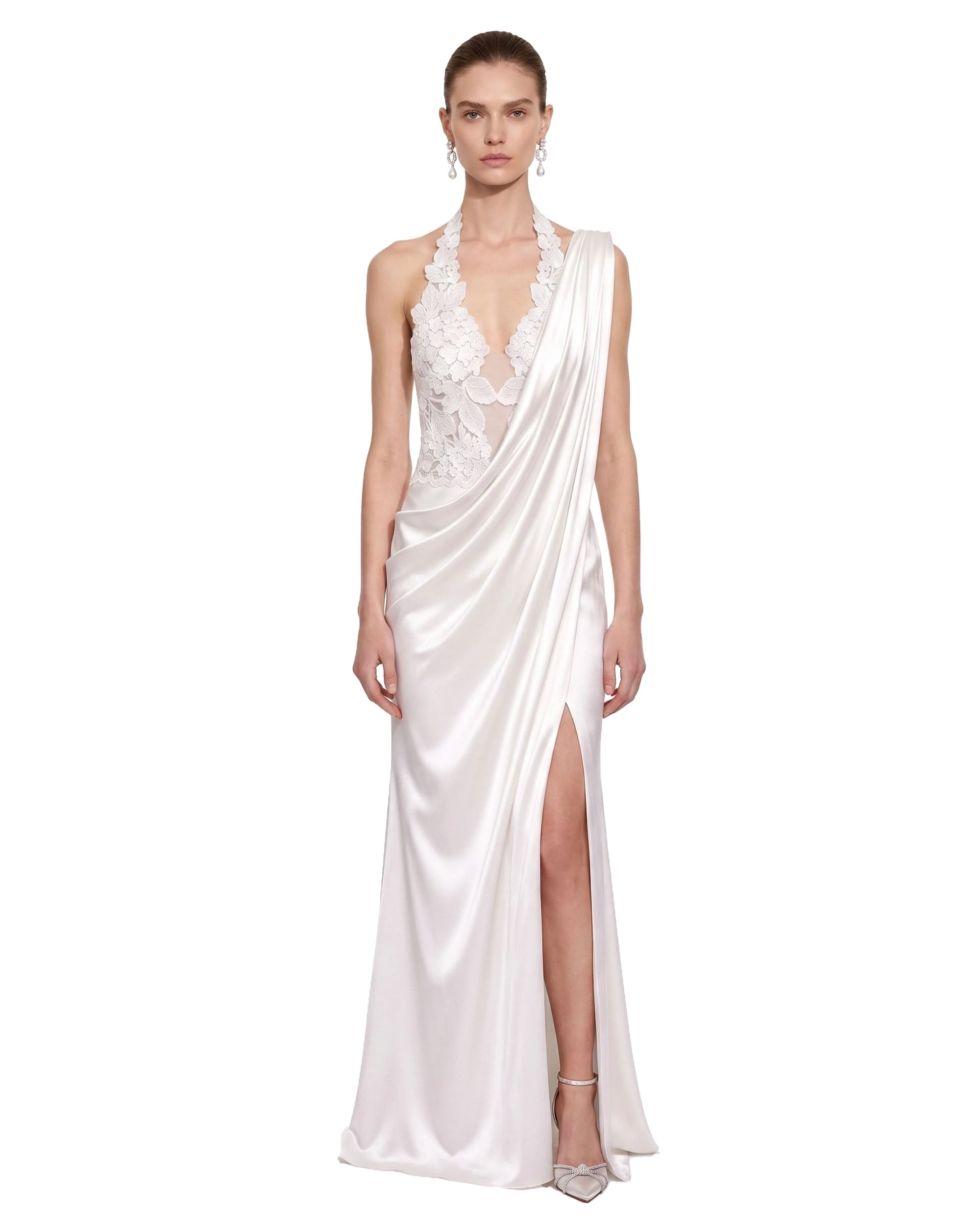 JW PEI maxi dress | Los Angeles Vegan Fashion Dresses | Luxury Shoes JW PEI Floral Lace Draped One-Shoulder Slit Maxi Dress